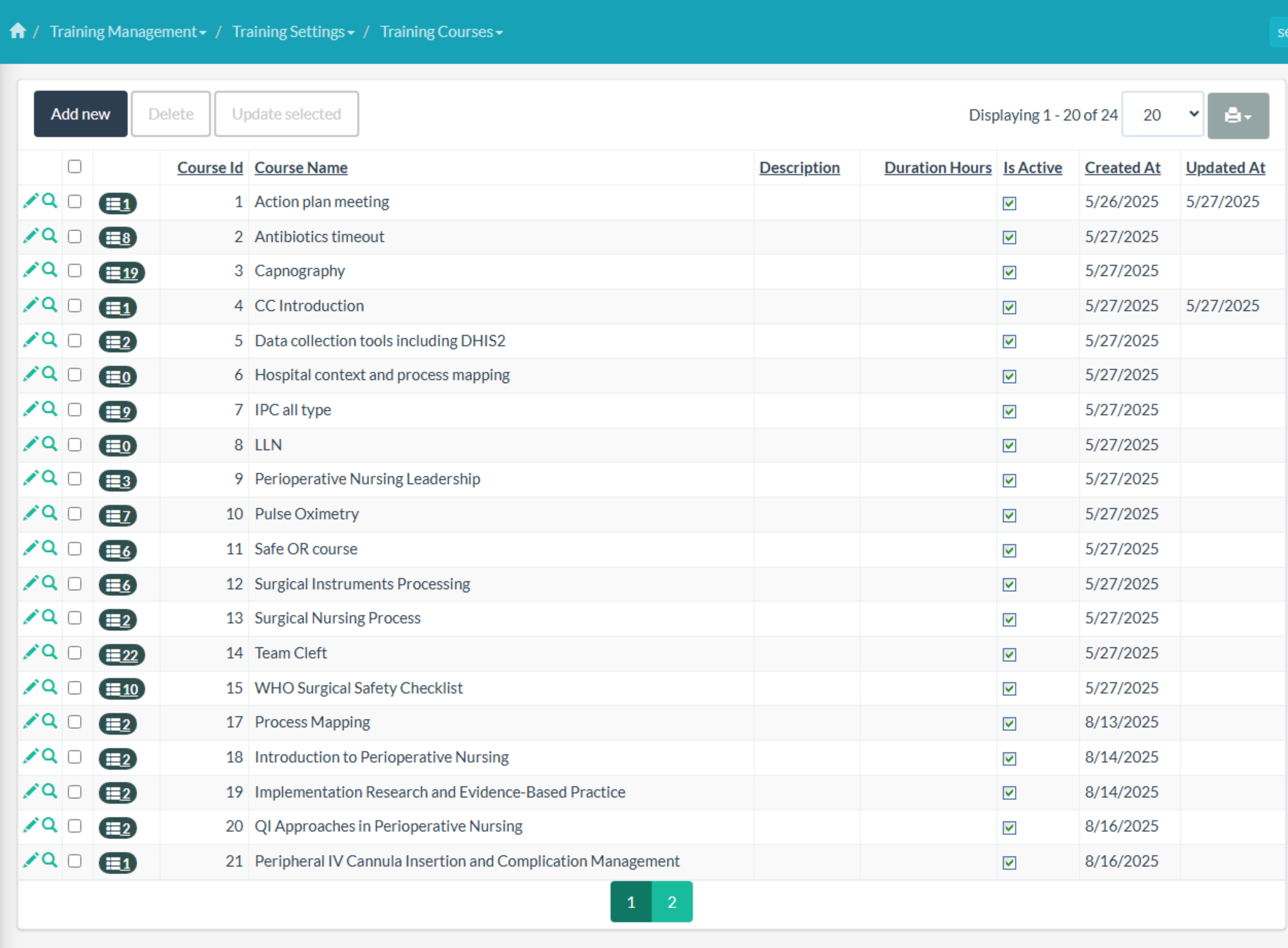courses list