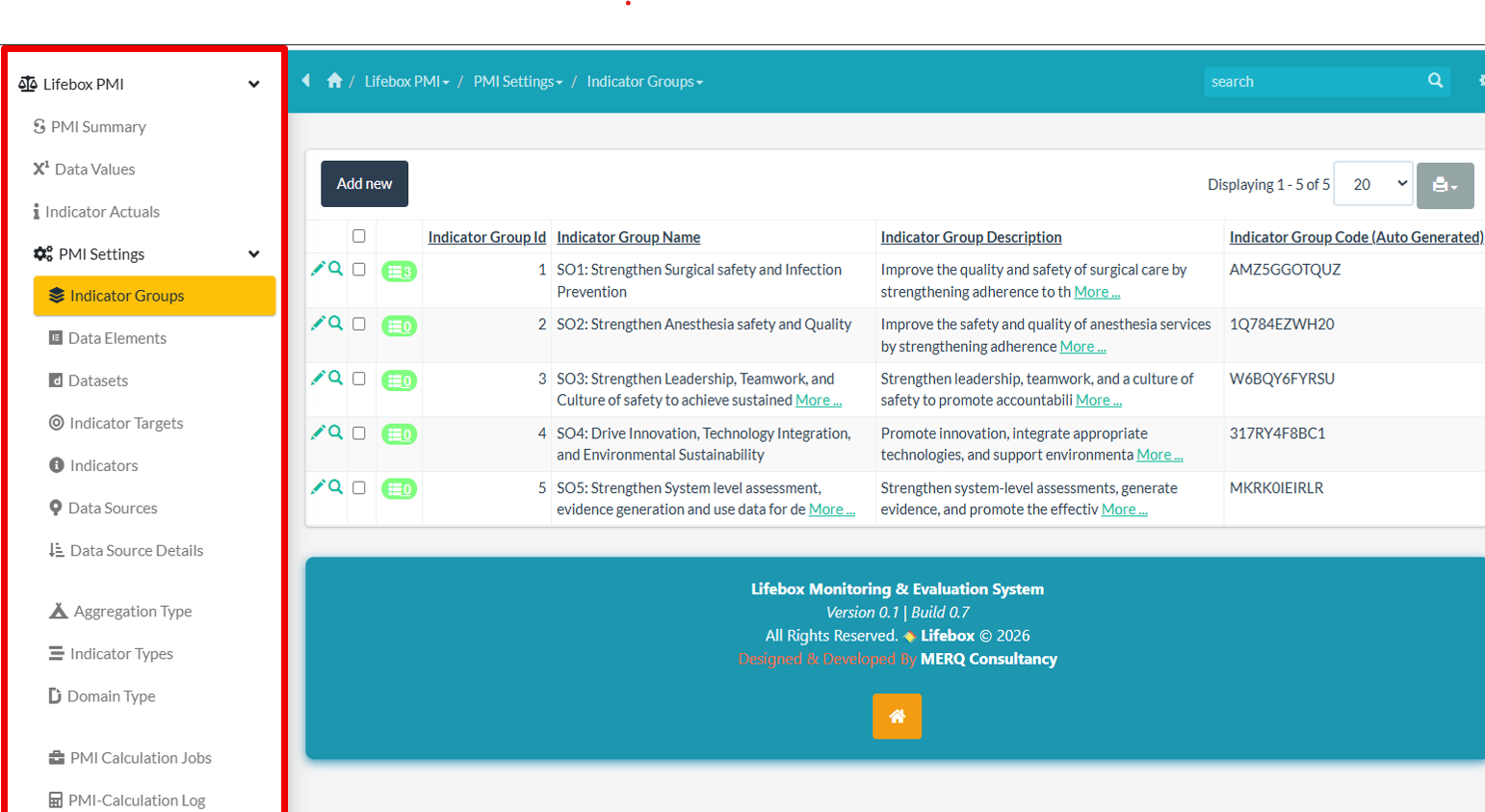 Figure 9. PMI Data Settings and Entry interface for managing indicators and entering program data